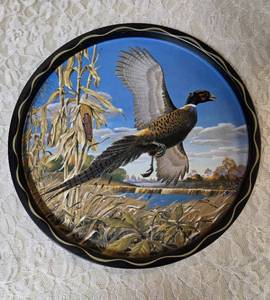 11 vintage metal serving tray with Five misc. size pheasant glasses from the Hazel-Atlas Glass Company and  features the Pheasants pattern, produced roughly  1950-1960.&nbsp&nbsp
