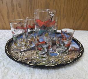 11 vintage metal serving tray with Seven misc. size pheasant glasses from the  Hazel-Atlas Glass Company and  features the Pheasants pattern, produced roughly  1950-1960.&nbsp