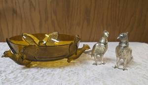 Colored Glass Pheasant Bowl with ornate handles or pedestal base and Vintage highly detailed collectible pair of Silver pheasant table ornamentsSalt and Pepper Shakers.&nbsp&nbsp