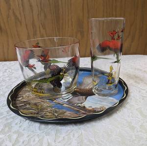 One -11 vintage metal serving tray with One- vintage ice bucket and One- Pheasant Glass. Ice Bucket and glass likely produced by the Hazel-Atlas Glass Company features the Pheasants pattern.&nbsp&nbsp