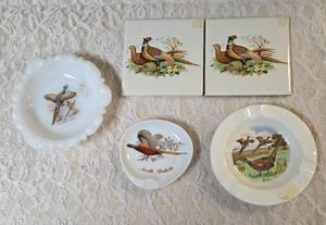 Three - Vintage ashtrays with Pheasants and Two- Pheasant Tiles.&nbsp&nbsp
