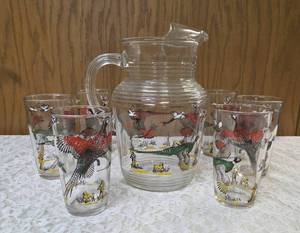 Hazel-Atlas Glass Company Pitcher and 6 Glasses. These glasses feature the Pheasants pattern, produced roughly 1950s.&nbsp