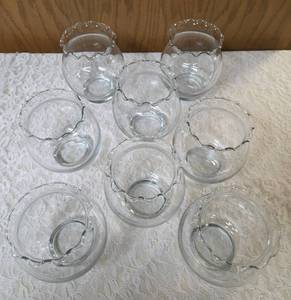 Eight piece vintage Anchor Hocking or Indianan Glass ruffled edge clear glass fish bowl, often used as a rose bowl or candle holder.&nbsp&nbsp