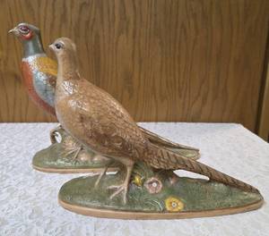 Vintage Ceramic Holland Mold pheasant figurine set featuring hand-painted male and female birds on a base. Popular during the 60s-70s.