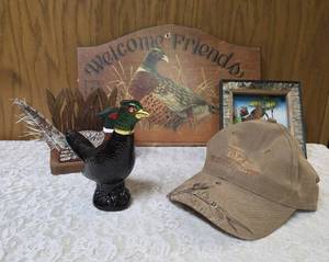 Wild-life themed baseball cap, Avon Pheasant Decanter, 3-D Wall Art Shadowbox featuring a pheasant in natural setting, Welcome Friends Wooden Plaque, Handcrafted Napkin or mail holder.&nbsp