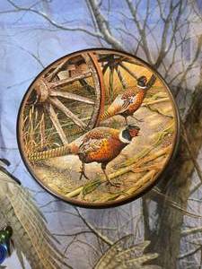 Wonderland Graphics Harvest Time PUZZLE in a tin,  Fabric Flag of Pheasants in Winter Scene, Stained Glass pheasant hanging panel with decorative beads.&nbsp