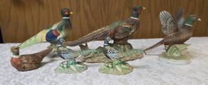 Three vintage collectible pheasant figurines made of ceramic or porcelain and three small pheasant figurines. Features hand painted details with a glossy finish.&nbsp&nbsp
