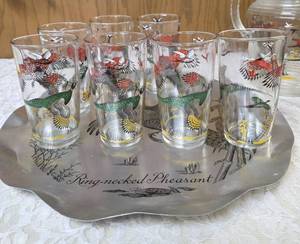 Vintage J.R. Dob Stylemaster aluminum tray plaque featuring a Ring Necked Pheasant  Design. Hazel-Atlas Pitcher and 8 glasses.&nbsp&nbsp