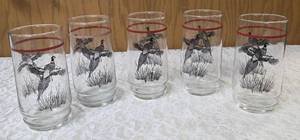 Five vintage glasses featuring pheasant imagery, likely manufactured by Federal Glass or Libbey.  Glasses feature pheasant graphics.&nbsp&nbsp
