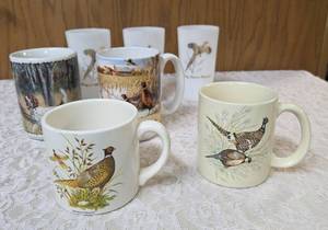 Seven misc. pheasant glasswaremugs.   Glasses are made of milk glass.  The rest are ceramic.&nbsp