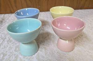 Four Vintage TS&ampT LuRAy Pastels double egg cups in pastel colors. One French wire kitchen utensil caddy or holder used for organizing silverware, napkins or small jars.&nbsp&nbsp