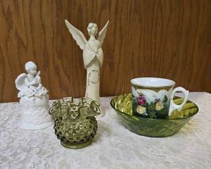 Collection of Decorative items.  Green glass vase, Angel figurine  and small Angel with a bell,  Green Acrylic Bowl and Vintage Bavarian Floral patterned teacup.&nbsp