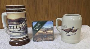 Terry Redland Collection  2007 Miller Brewing  Peaceful Evening Collector Beer Stein 7 Tall.   Pheasant Coasters and  Tankard 5 Tall - Peaceful Evening.&nbsp