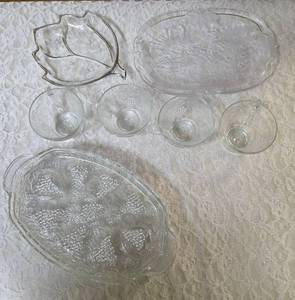 Vintage dishes Mikasa Christmas Woods Canape Tray, Hazel Atlas vintage leaf-shaped clear glass relish or candy dish , vintage Anchor Hocking clear pressed glass snack tray featuring a grapevine and leaf pattern with cup.&nbsp