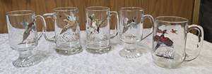 Five vintage glass coffee mugs featuring wildlife designs from the 60s-70s.  Often manufactured by Federal Glass Co.&nbsp