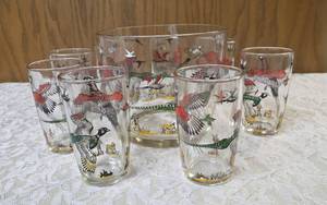 Hazel-Atlas Ice Bowl 5 Deep and  8 Tumblers featuring Pheasants pattern, produced roughly 1950s.&nbsp