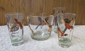 3 - Misc. Glass Sizes and 1 Ice Bowl.  Glassware is likely produced by the Hazel-Atlas Glass Company and features the Pheasants pattern, produced roughly 1950s.&nbsp &nbsp