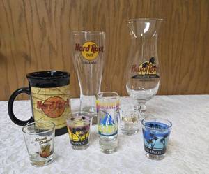 Glasses and mugs from Hard Rock Caf and Misc. Shot glasses.&nbsp&nbsp