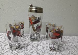 Hazel-Atlas Vintage Mid Century Glass Cocktail Shaker Drink Mixer and 6 Glasses set featuring the Pheasant Birds.&nbsp
