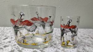 Hazel-Atlas Ice Bowl 5 Deep and  12 glasses featuring Pheasants pattern, produced roughly 1950s.&nbsp