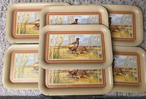 Seven vintage TV dinner trays or snack trays, likely manufactured in the 1950s or 1960s, featuring a pheasant and grouse transferware scene. Excellent usedcollectible condition.