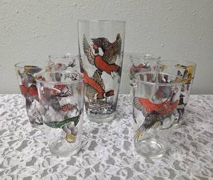 One Vintage Mid Century Glass Cocktail Shaker Drink Mixer without shaker top and 6 Misc. Glasses set featuring the Pheasant Birds from the likely produced by Hazel-Atlas Glass Company.&nbsp&nbsp