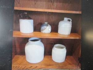 Pottery bud vase, 2 tapered crocks, one with a metal handle, 2 jug crocks