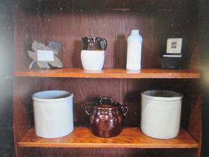 2 Crocks, cookie jar, pitcher crock, shabby chic painted glass bottle, leaf frame, piano frame