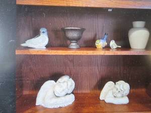 2 Terra Cotta cherubs, urn shaped crock, decorative bowl, three ceramic birds