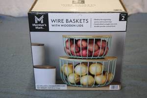 Wire Baskets with Wooden Lids set o...