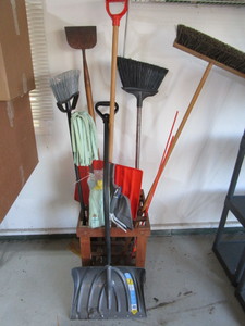 Handled tools, shovels, mop, (2) dr...