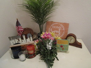 Home sweet home, clock, candles, ba...