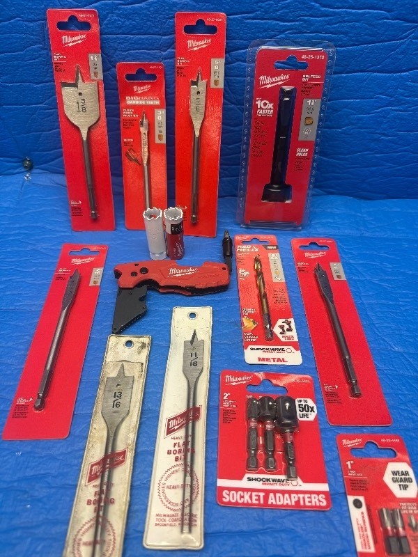 Various Milwaukee tools , bits , fastback , socket Adaptors self fed bit
