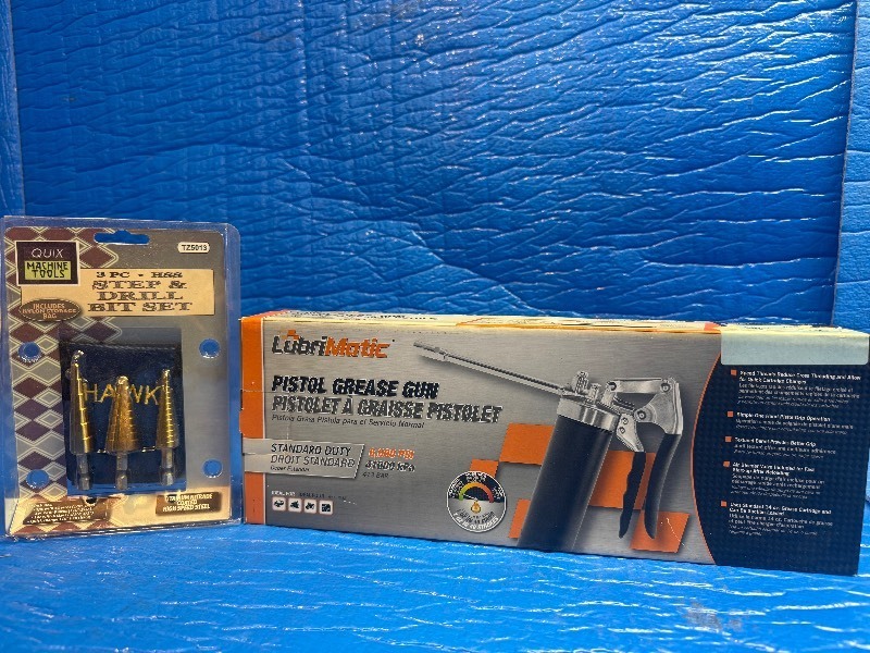 LubriMatic Grease Gun  3pc HSS Step & Drill Bit Set  Shop Essentials Combo  NEW IN PACKAGE