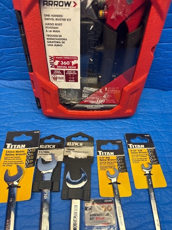 Mechanics Tool Lot  KLUTCH, TITAN Wrenches  Offset Screwdrivers  ARROW Riveter Kit