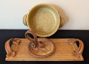 ML - Davis Signed Pottery Bowl, Tray & Candle Holder - 3-Piece Set