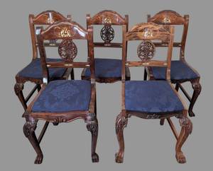 LL - Set of 5 Vintage Wood Dining Chairs with Inlaid Marquetry - Elephant Sedan Chair Motif