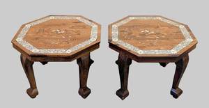 LL - Pair of Vintage Indian Inlaid Wood Side Tables - Octagonal Tops