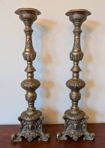 ML - Castilian Brass Pillar Candle Holders - Pair, Made in India
