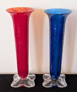 ML - Signed Art Glass Vases Pair - Red and Blue Crackle Glass