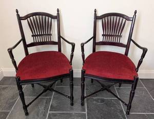 LL - Armchairs, Vintage Mahogany Wheatback, Pair of 2, Rustic American Style