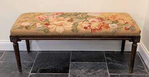 LL - Vintage Needlepoint Top Wood Bench, Carved Frame