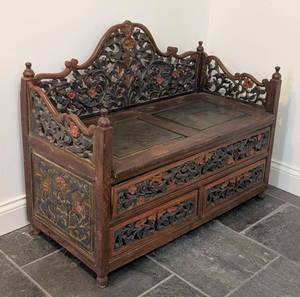 LL - Vintage Southeast Asian Carved Wood Storage Bench