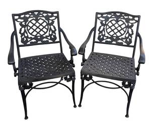 P - Pair of Cast Iron Patio Chairs - Ornate Lattice Back, Black Outdoor