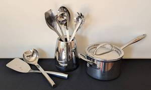 ML - Williams-Sonoma Stainless Steel Thermo-Clad 3 Qt Sauce Pan with Lid & Utensil Set - Italy