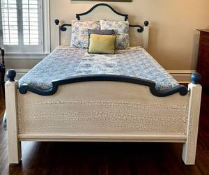 UBR1 - Queen Bed Frame Crackle Finish Blue Accents - Bedding Included