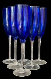 K - Blue Flute Champagne Glasses Set of 6 - 10 in Tall with Clear Stems