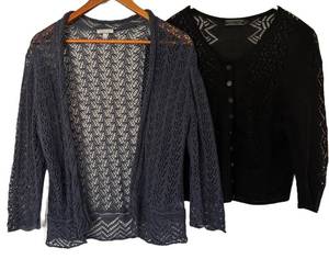 UBR1 - Peruvian Connection Cardigans - Blue Lace Knit & Black Button Front Lace - Large (2 Pieces)