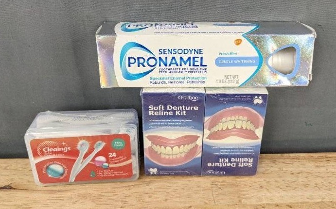 Sensodyne Pronamel Toothpaste 4 oz, 24 Cleanings Toothbrushes, 2 Soft Denture ReLine Kit - Brand New
