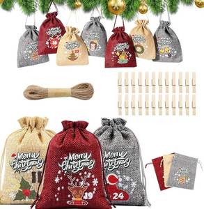 24 Pcs Christmas Advent Calendar Burlap Bags with Drawstrings - Brand New